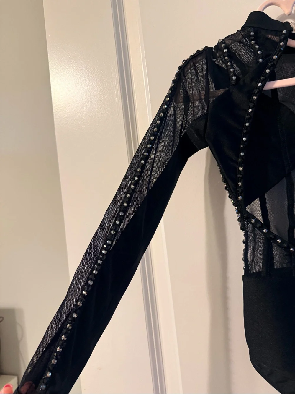 Black Embellished Mesh Kids One-Piece Leotard